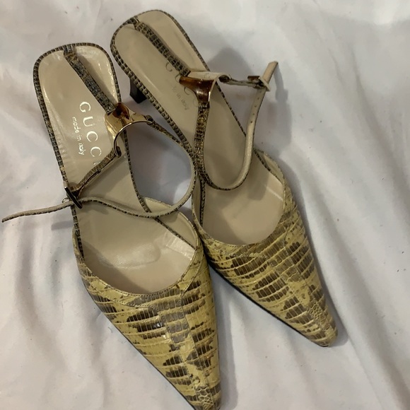 Gucci Shoes Gucci Pointed Toe Snakeskin Ankle Wrap Logo Heels